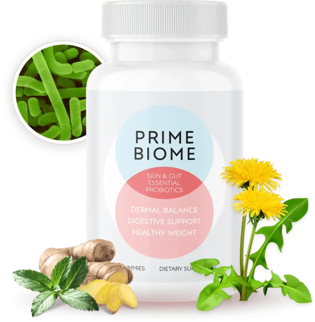 PrimeBiome probiotic supplement bottle with natural ingredients including ginger, mint, and dandelion, shown alongside microscopic probiotic bacteria.