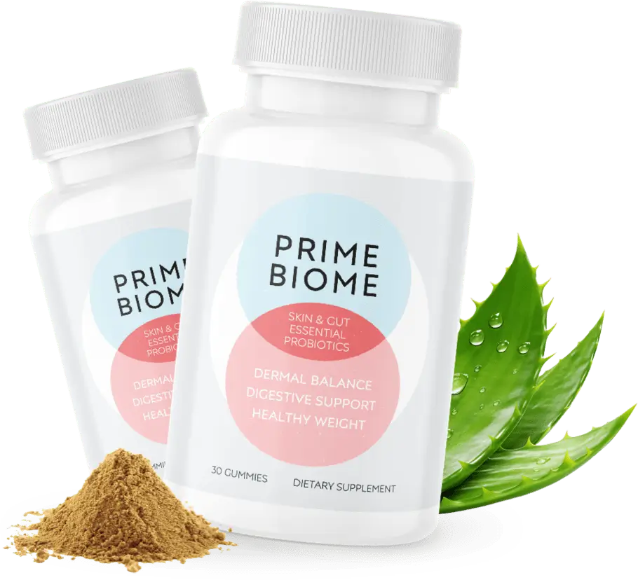 Two Prime Biome probiotic supplement bottles displayed with aloe vera leaves and a pile of powdered natural ingredients.